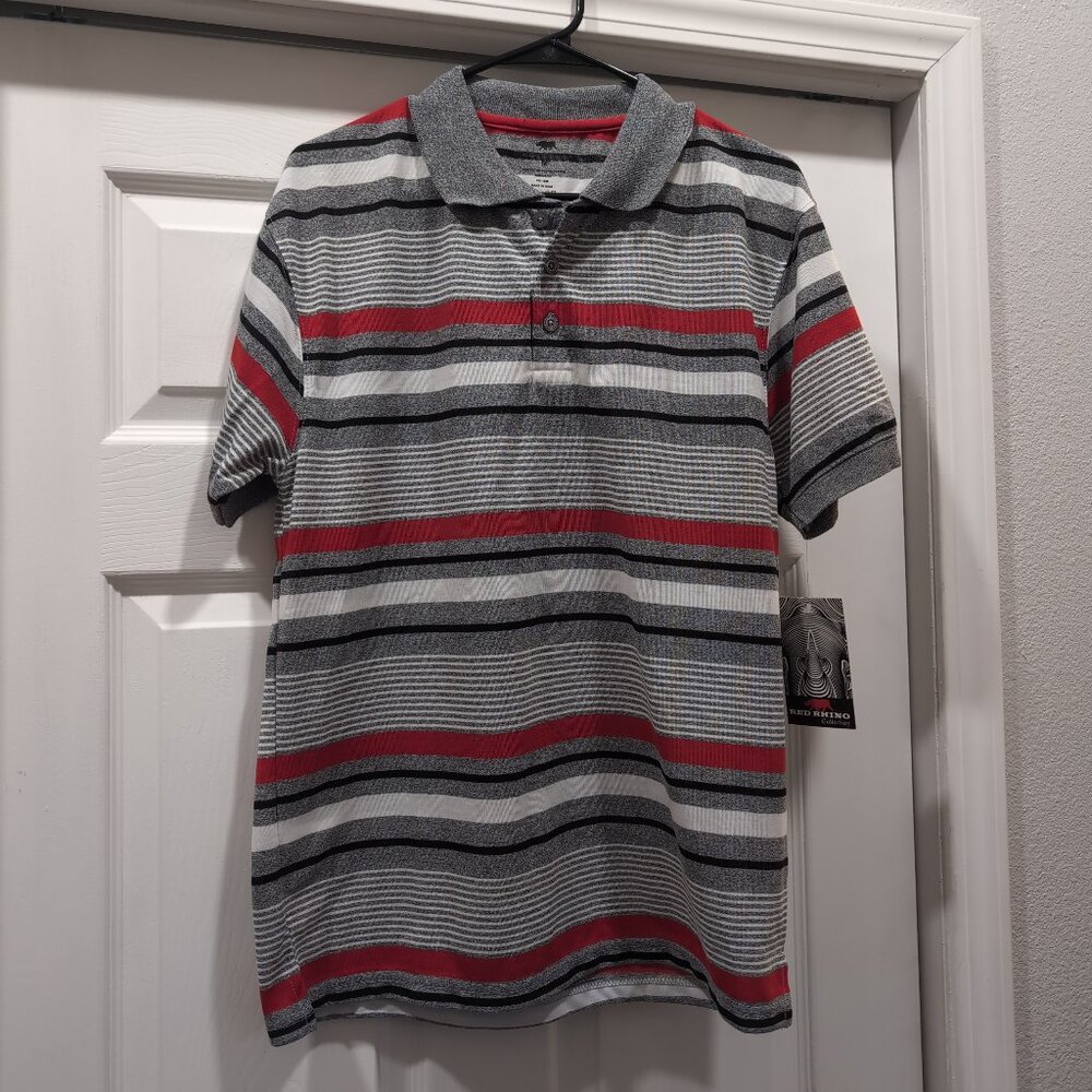 NWT RED RHINO Striped Polo Shirt Men's M Red Black Gray Short Sleeve Golf